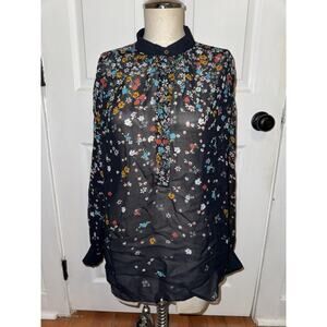 Megan Park Women’s Floral Blouse Size 1 US6 Blue Sheer Button‎